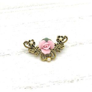 Vintage Style Pink Rose & Gold Floral Brooch Pin